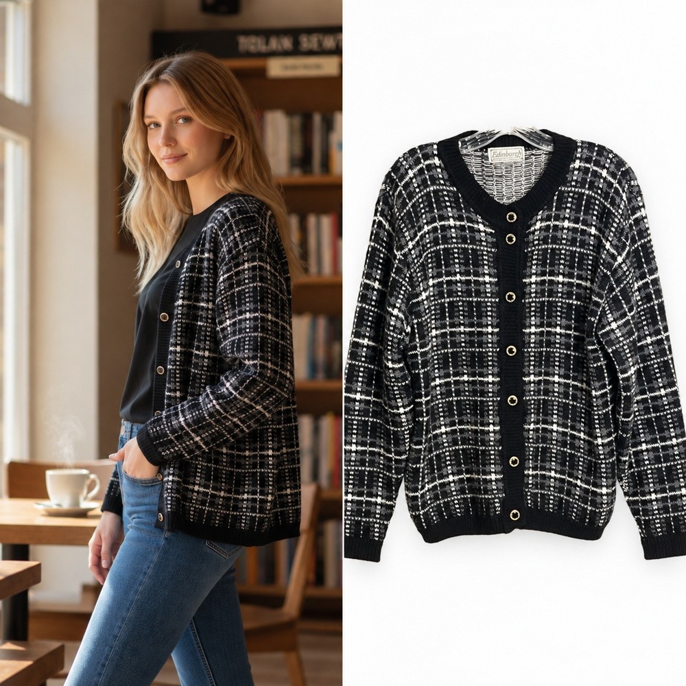 Vtg Plaid Mohair Blend Plaid Cardigan Womens M Academia Preppy‎ Old Money Crew